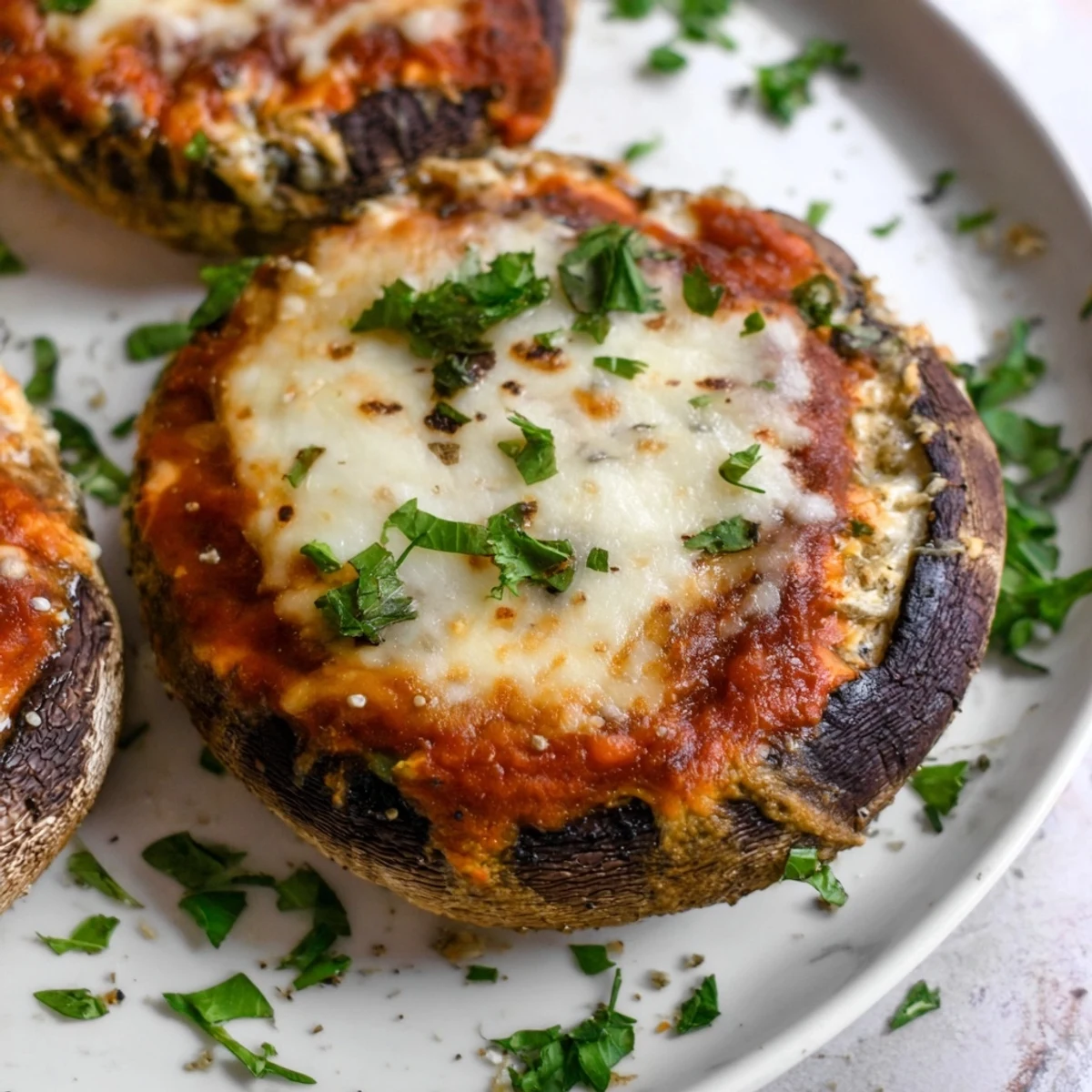 Hearty portobello mushroom caps filled with ricotta and marinara sauce topped with browned mozzarella and parmesan