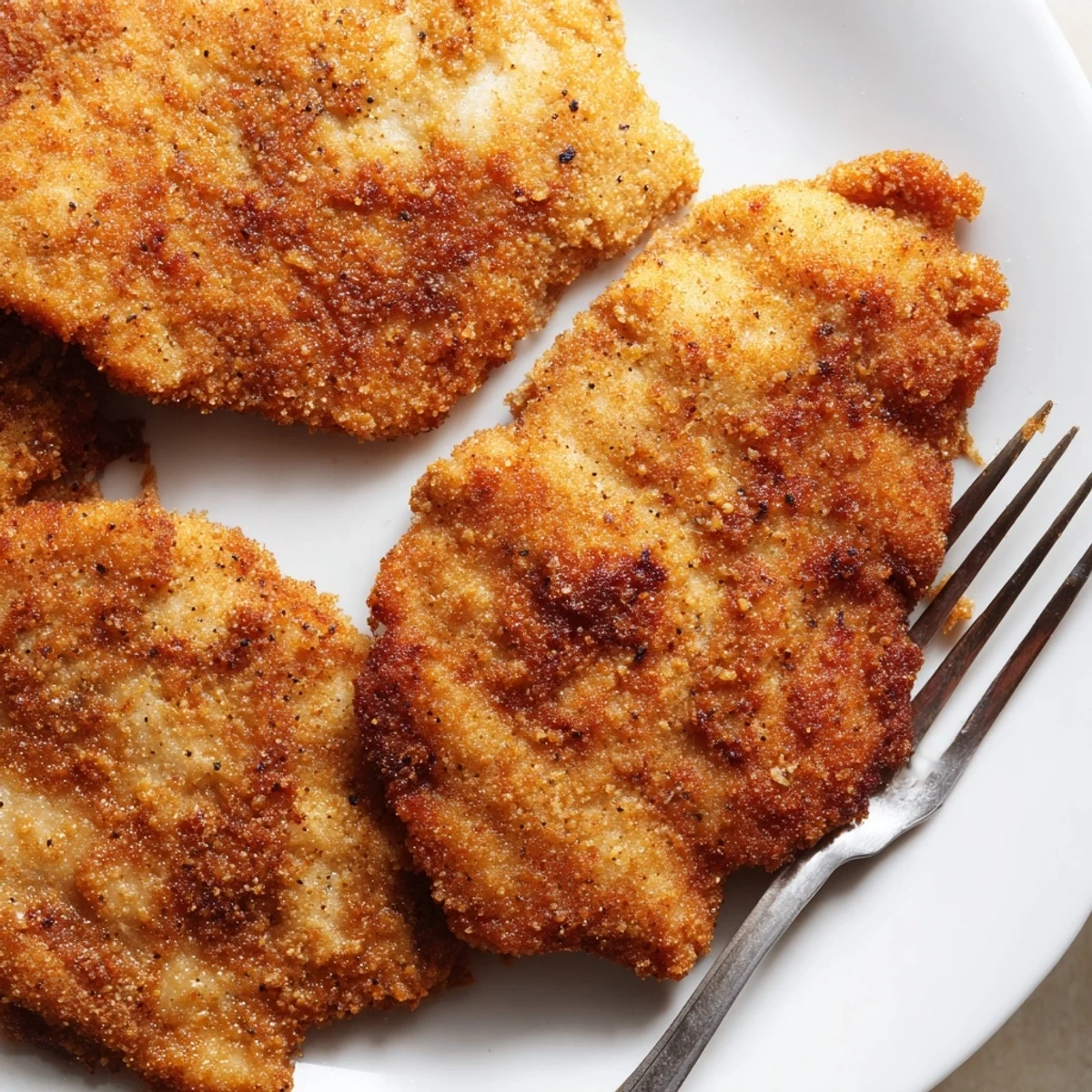 Golden brown crispy chicken fried chicken with a thick seasoned coating on a white plate