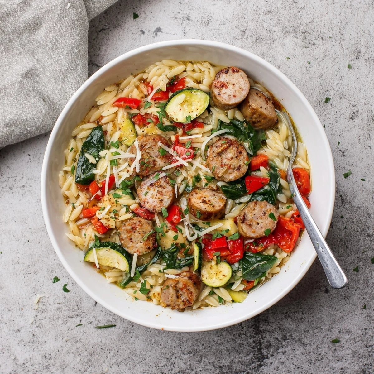 Golden chicken sausage orzo one pot meal with colorful vegetables and fresh spinach garnish