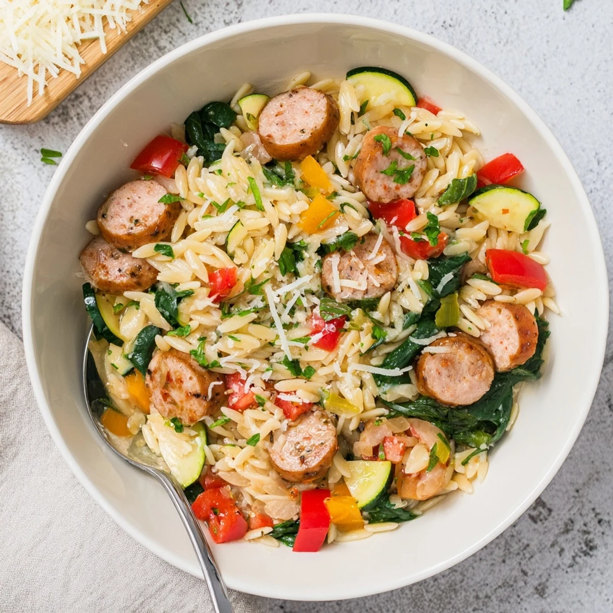 Creamy chicken sausage orzo simmered in a rustic skillet with tender pasta and zucchini