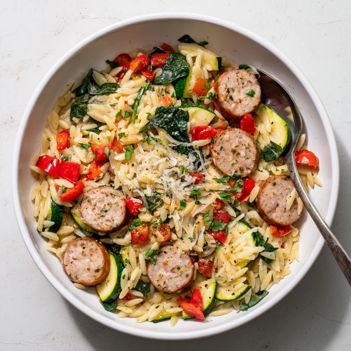 Hearty Mediterranean-style chicken sausage orzo one pot dish topped with grated Parmesan cheese