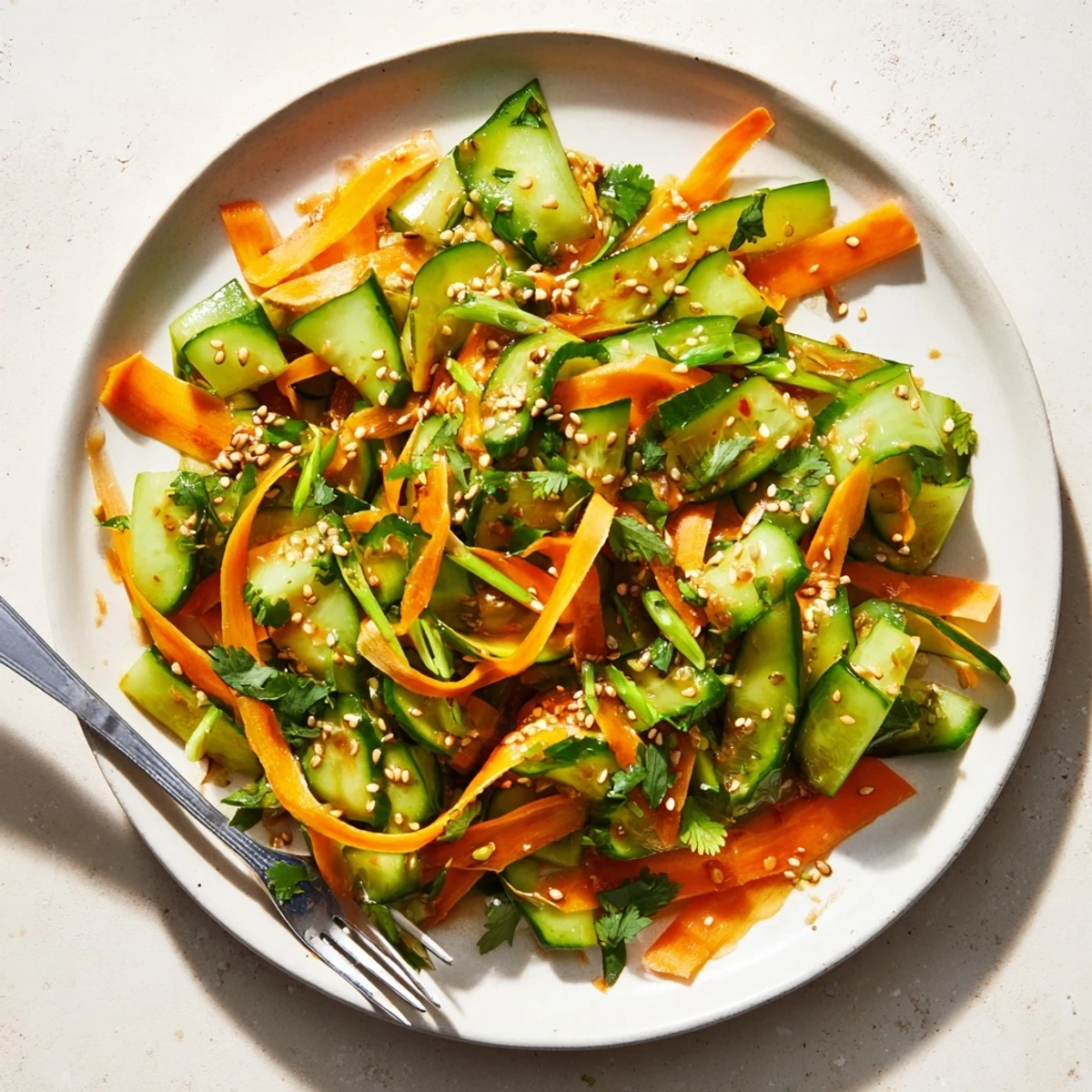Crisp Asian cucumber salad mounded in a white bowl topped with sesame seeds and fresh cilantro