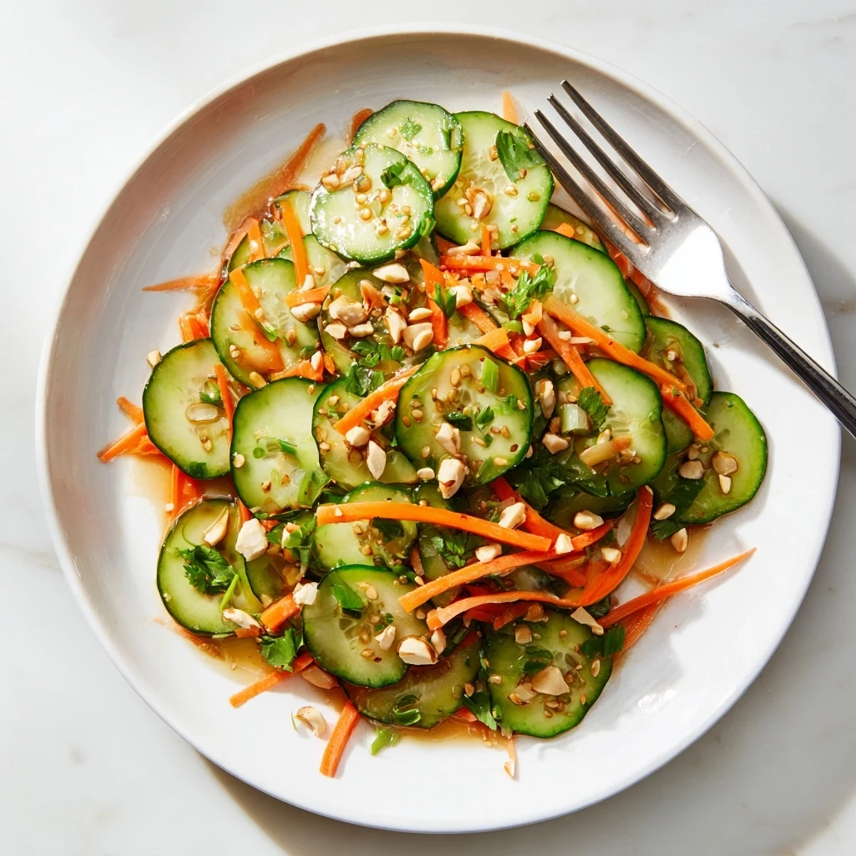 Glass serving dish displaying crunchy Asian cucumber salad dressed with tangy sesame vinegar and green onion strands