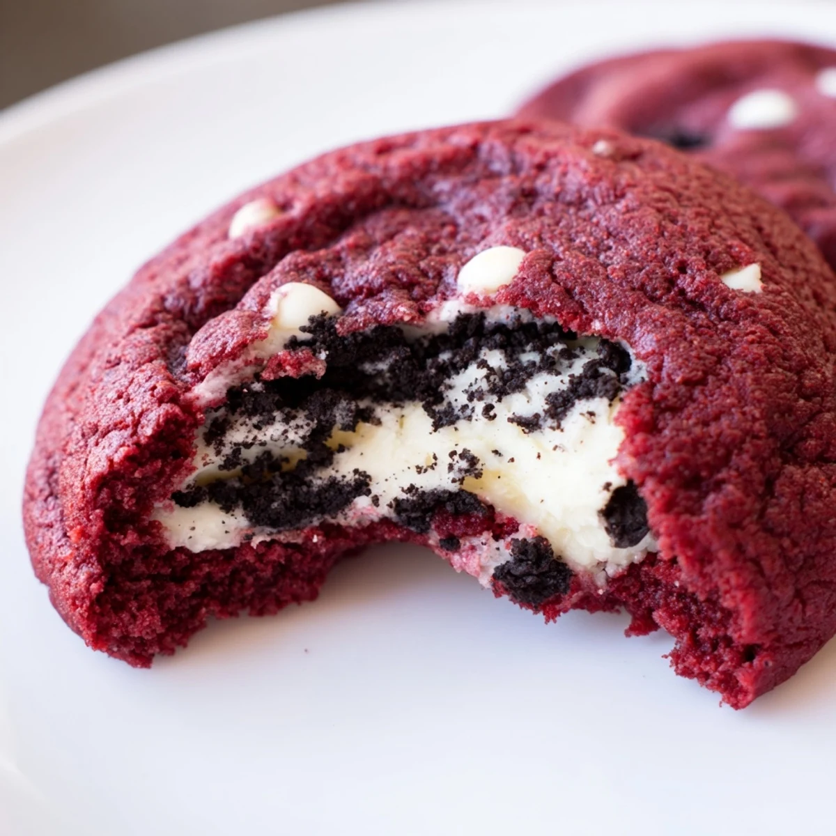 Red velvet Oreo cookies filled with cream cheese frosting and scattered crushed cookie pieces