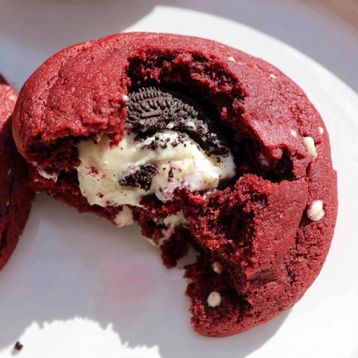 Soft-baked red velvet Oreo cookies showcasing bright red dough with sweet Oreo cream center visible