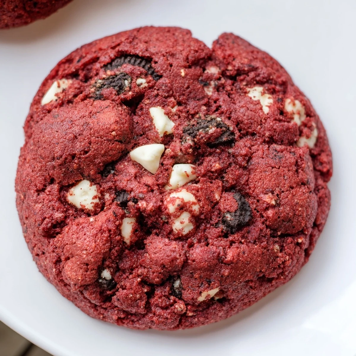 Soft baked red velvet Oreo cookies with white chocolate chips on a white plate