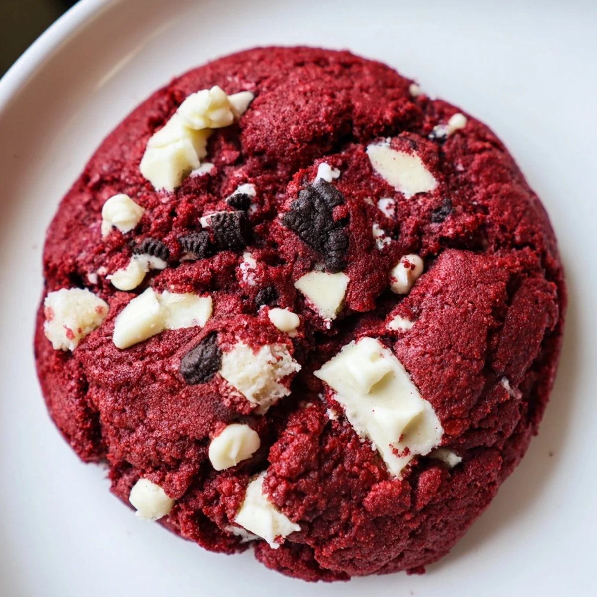 Chewy red velvet Oreo cookies studded with white chocolate chunks and cookie pieces