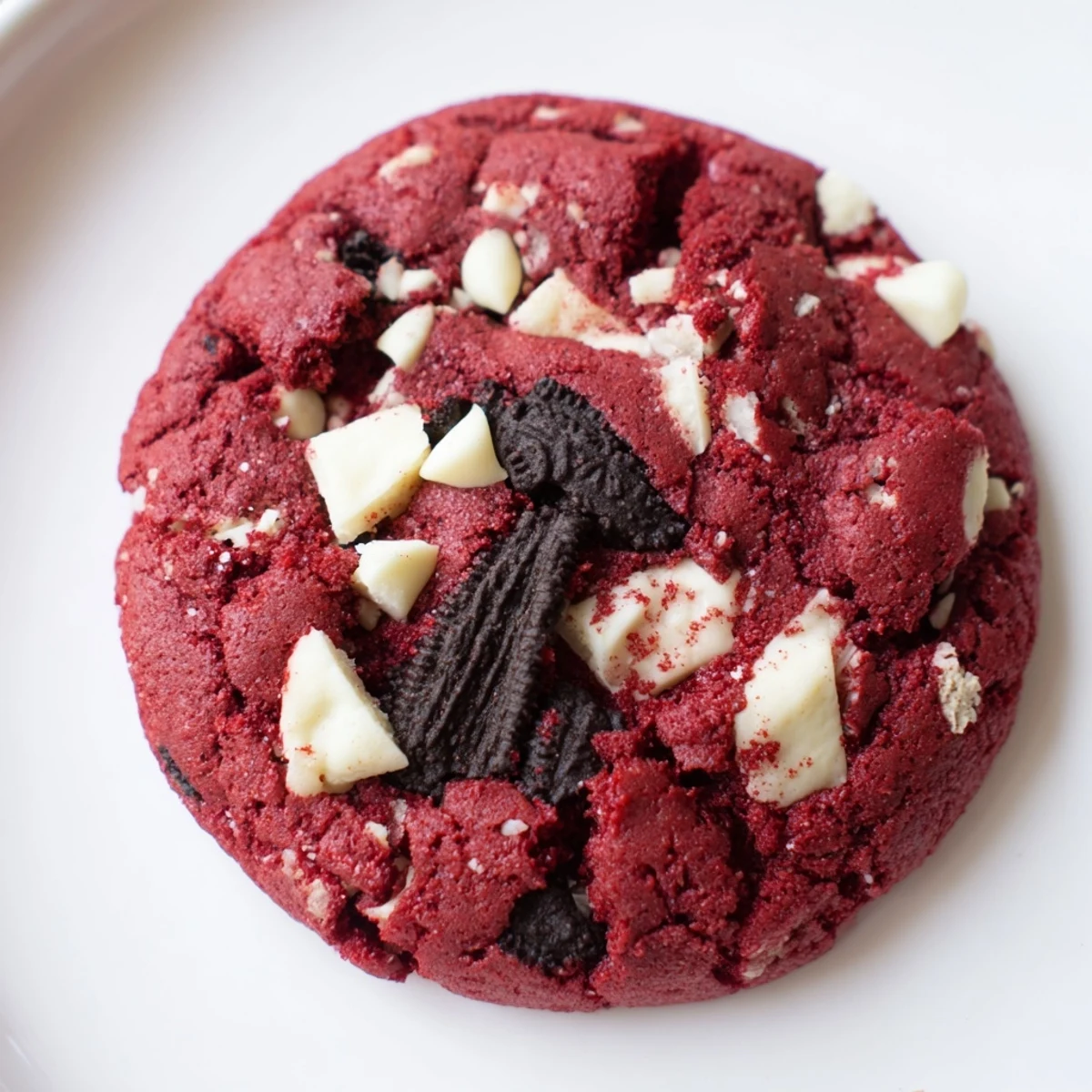 Freshly baked red velvet Oreo cookies piled high with visible cream-filled candy pieces