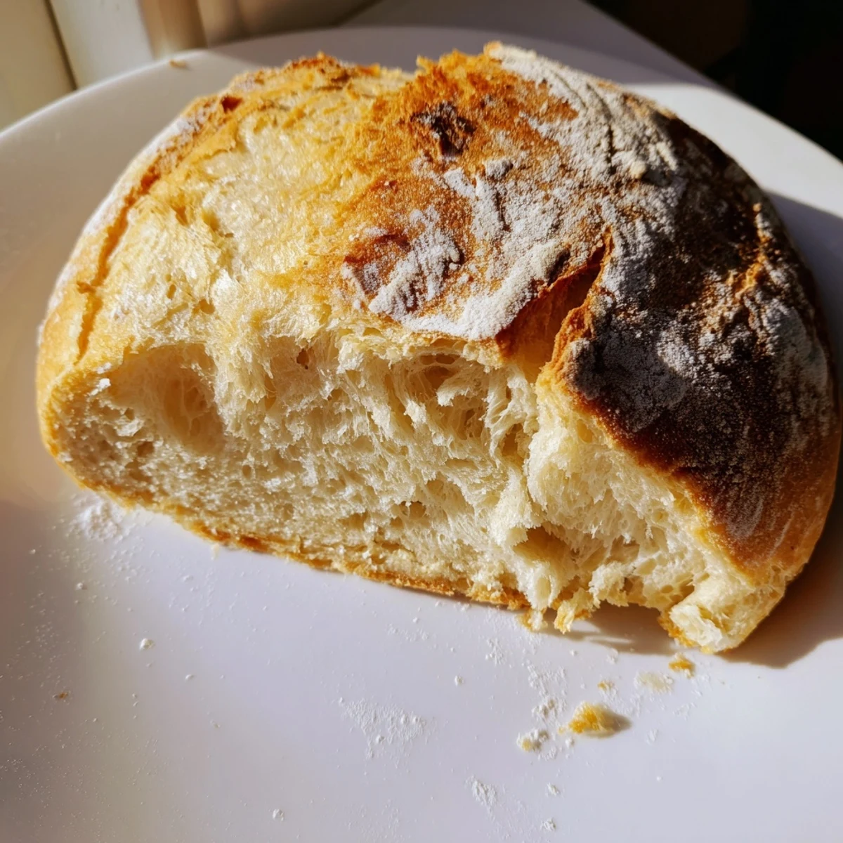 Golden brown stovetop bread loaf with a fluffy interior, freshly pan-cooked and sliced on a wooden board