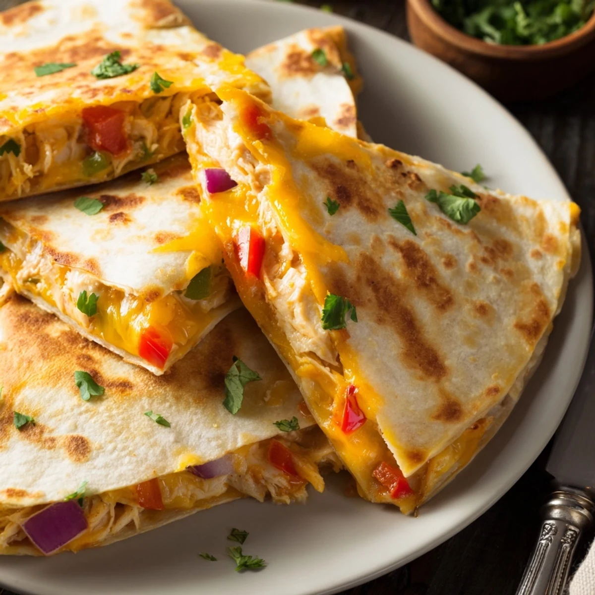 Golden brown chicken quesadillas sliced into wedges on a wooden cutting board with melted cheddar cheese oozing from the crispy flour tortilla