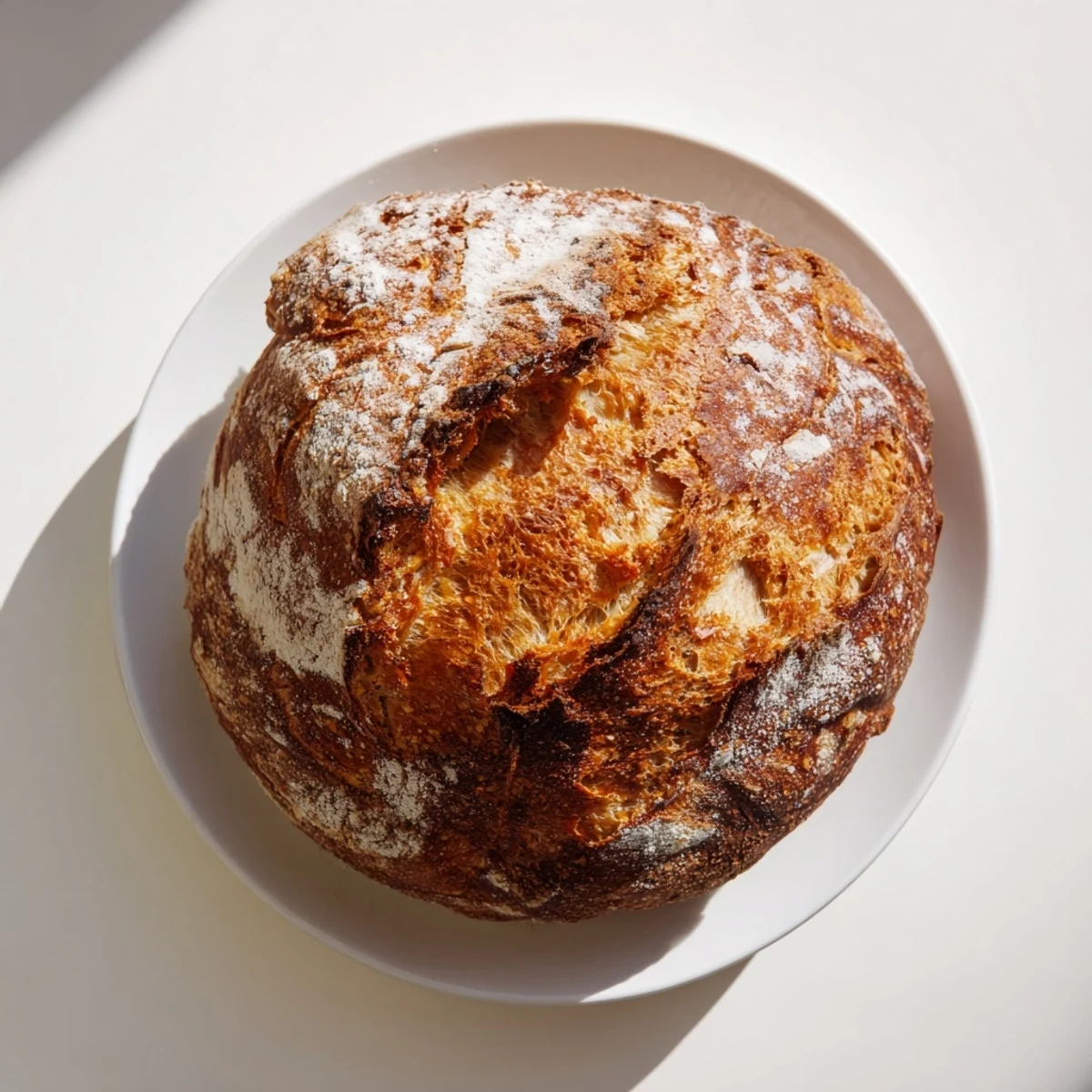 Golden crusty artisan no knead bread loaf with crackling surface and airy chewy crumb