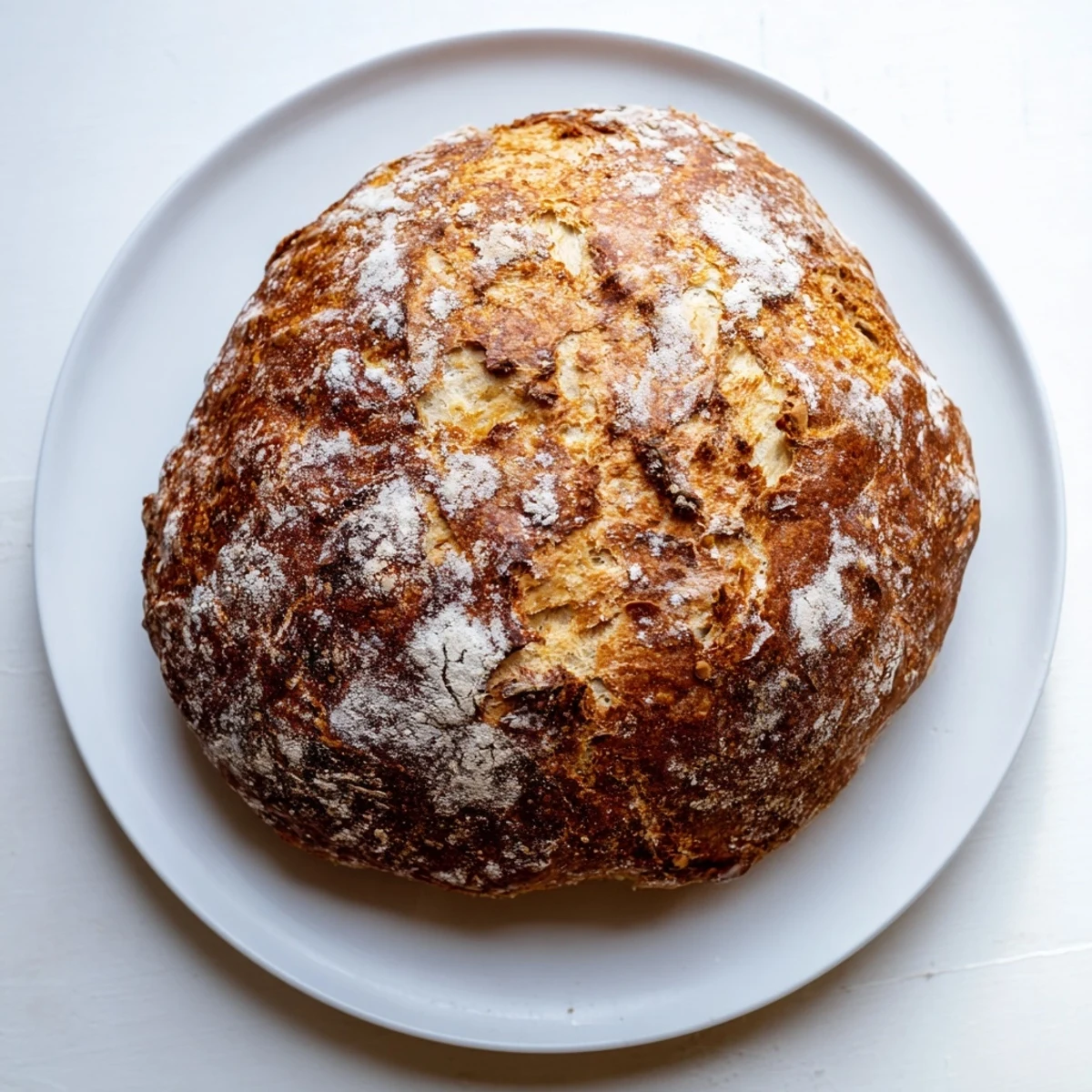 Rustic artisan no knead bread slice revealing soft interior holes perfect for butter and jam