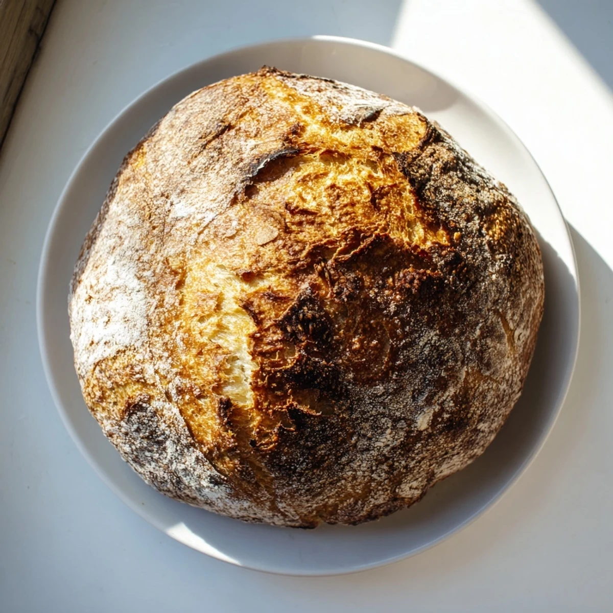 Freshly baked no knead bread cooling on wire rack with deep golden brown crusty exterior