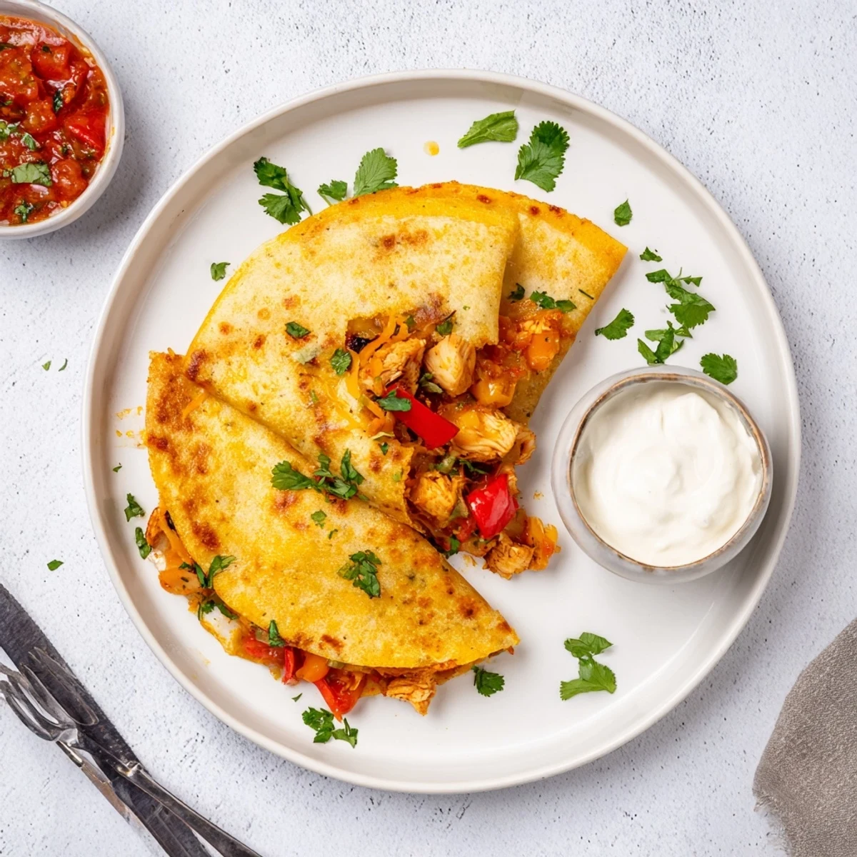 Pan-fried quesadillas oozing melted cheese and seasoned shredded chicken inside crunchy flour tortillas