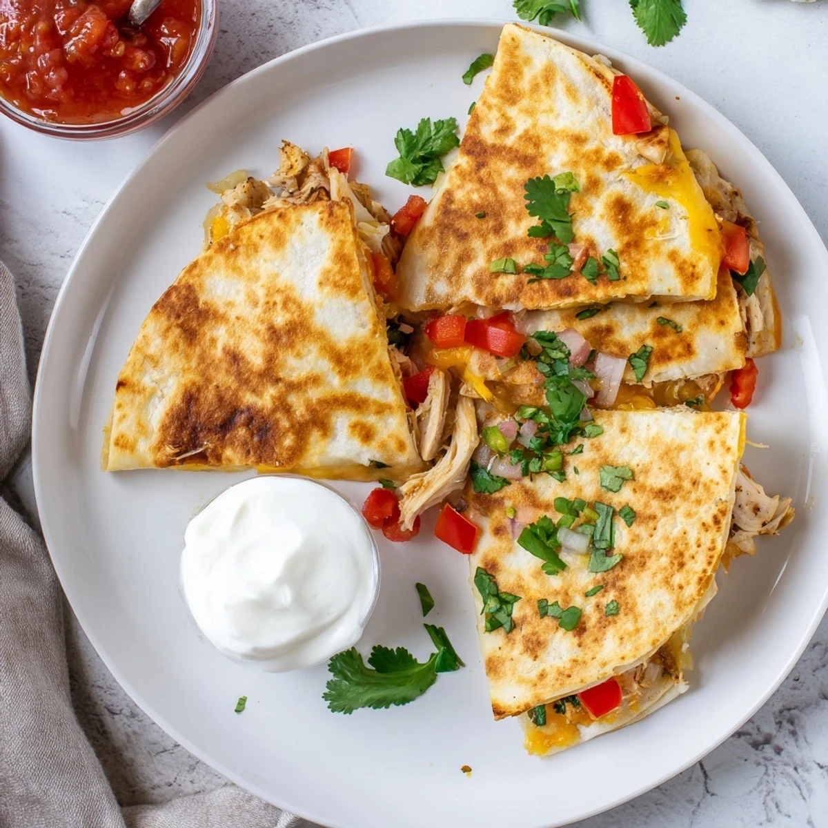 Mexican-inspired crispy chicken quesadillas served on a wooden board with salsa verde and lime wedges