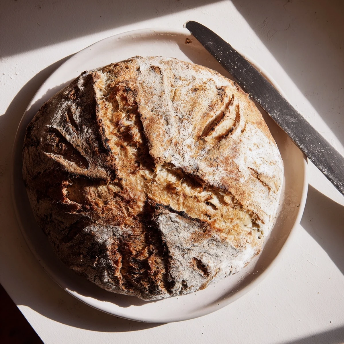 Homemade easy rustic bread cooling on wire rack with artisan scoring across golden surface