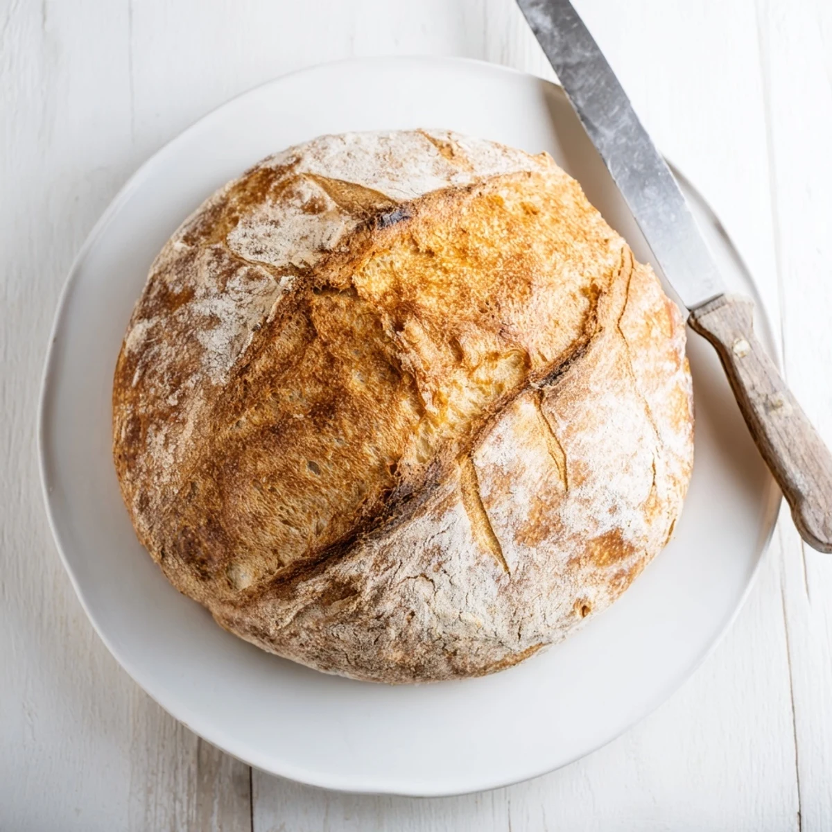 Golden brown easy rustic bread loaf with cracked crust and chewy interior on wooden board