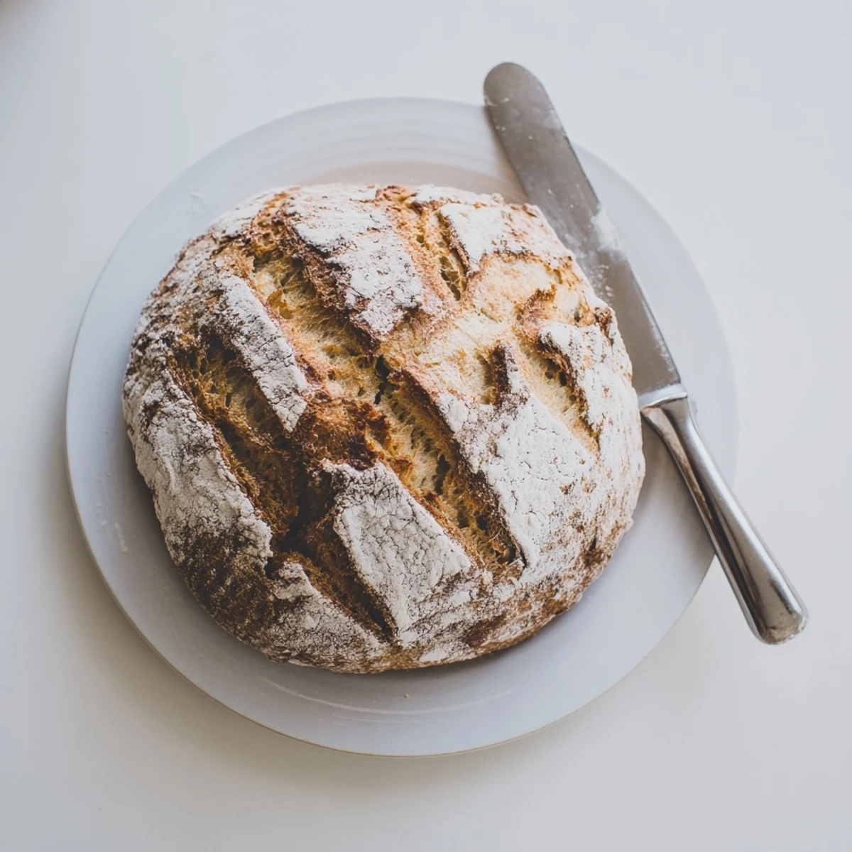 Sliced easy rustic bread revealing soft crumb texture, served with olive oil for dipping
