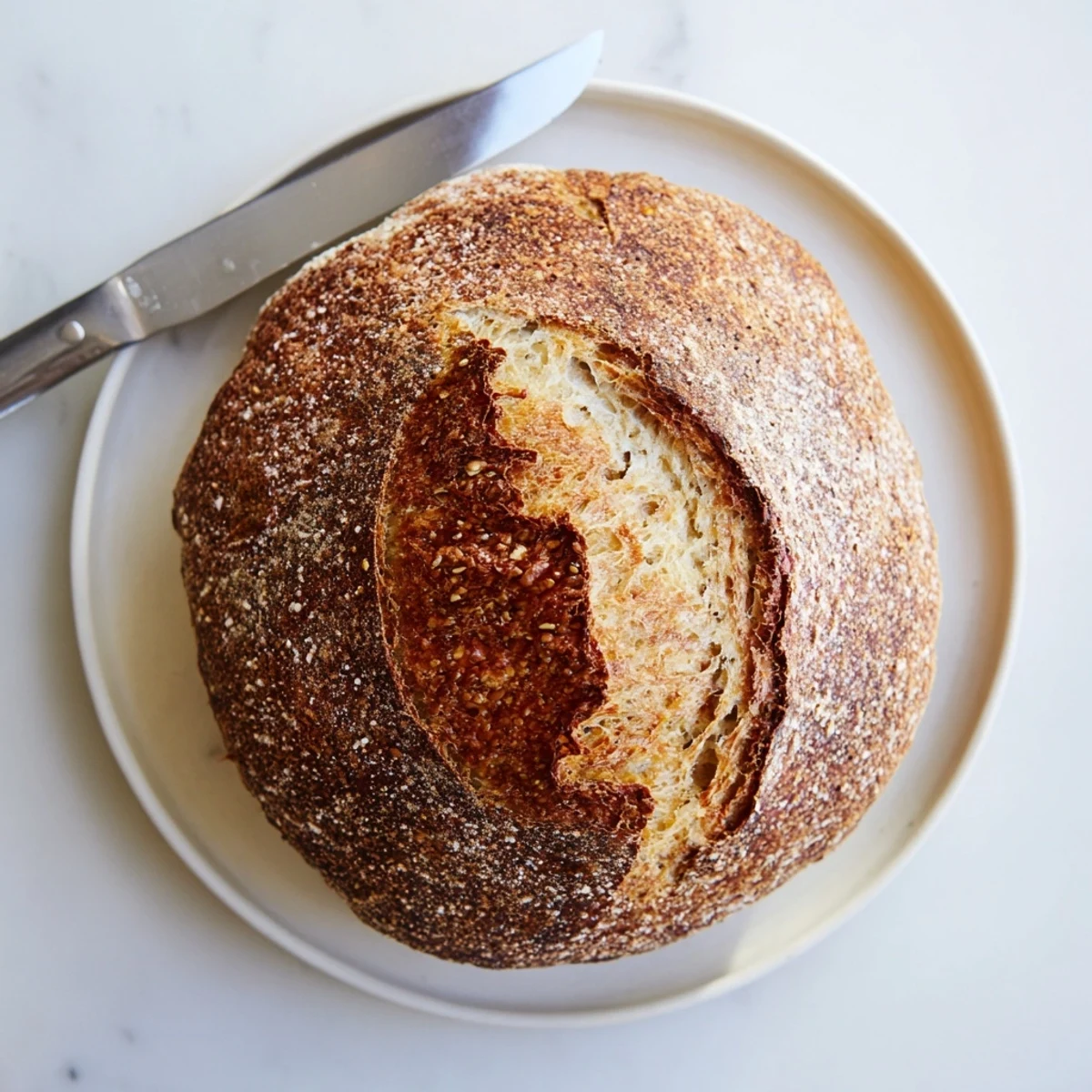 Deep golden crusty bread cooling on wire rack with bubbly interior texture visible