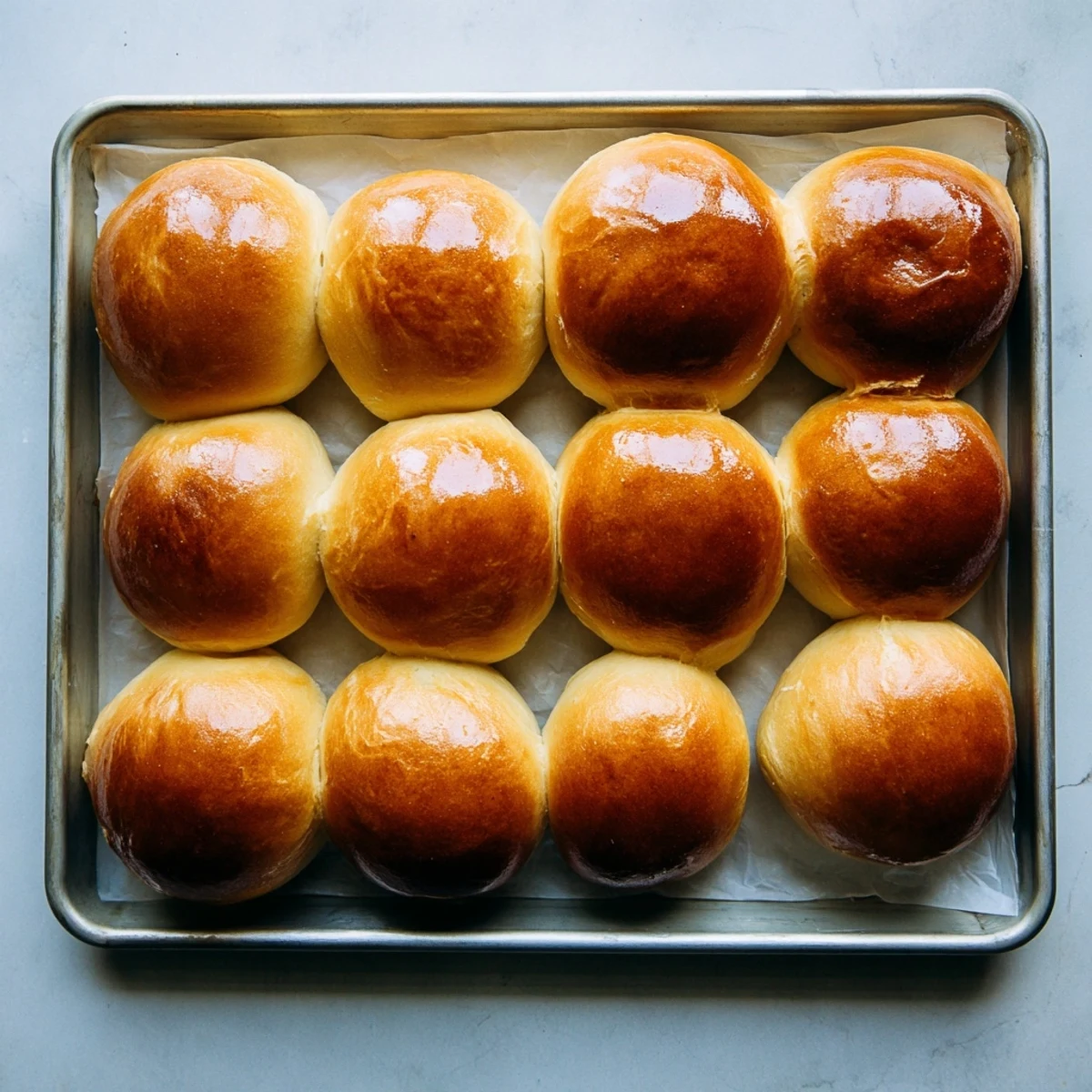 Golden brown Buttery Bliss Brioche Rolls with glossy egg-washed tops arranged in a baking pan