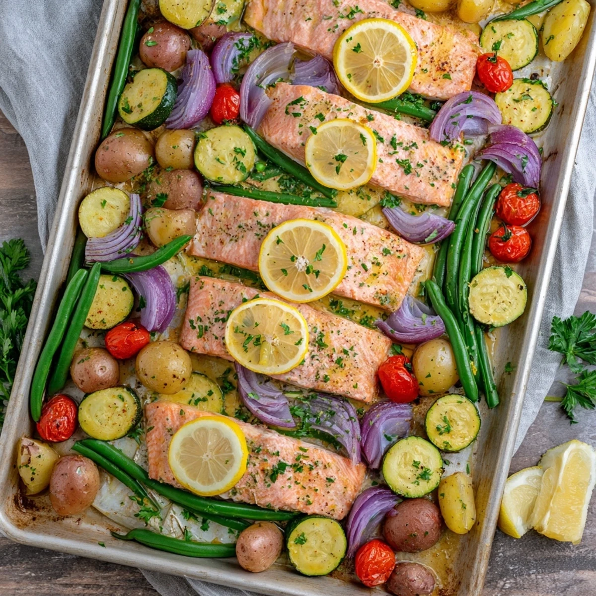 Golden sheet pan lemon garlic butter salmon with roasted baby potatoes, zucchini, cherry tomatoes, and red onion wedges