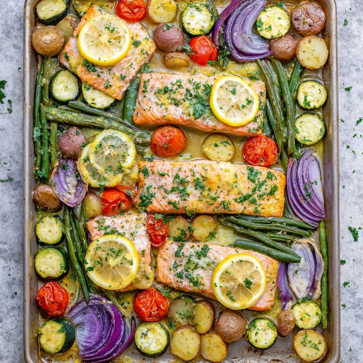 Baked salmon fillets glazed in lemon garlic butter alongside tender roasted vegetables on a parchment-lined sheet pan