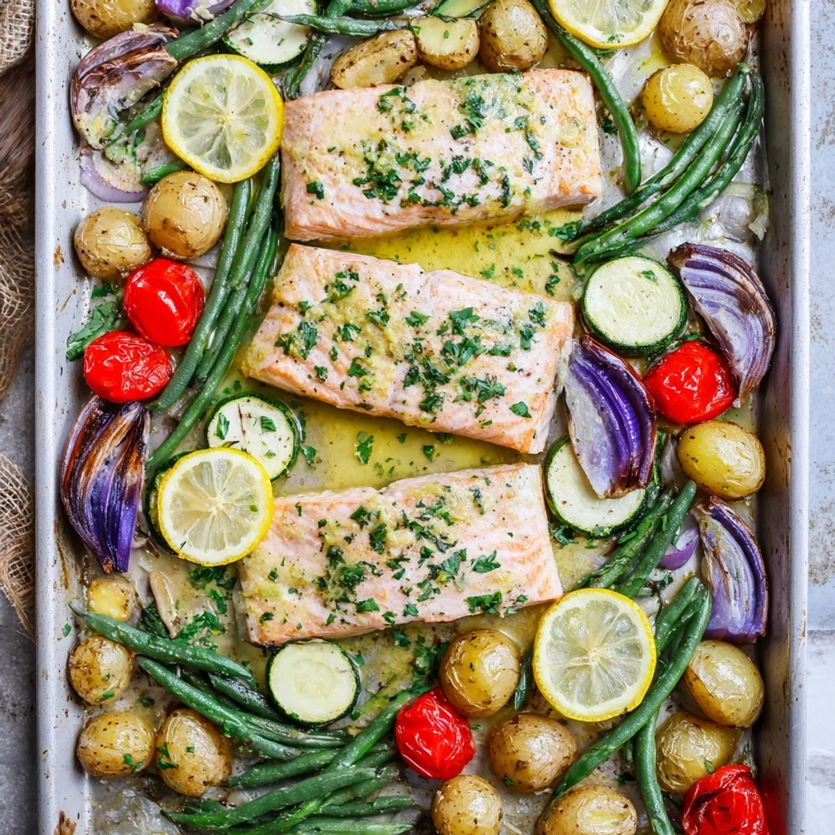 Flaky salmon and colorful vegetables drizzled with bright lemon garlic butter sauce, freshly baked on one sheet pan