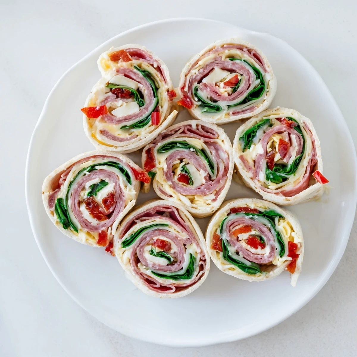 Colorful Italian pinwheel appetizers featuring layers of salami, ham, and cream cheese spiraled in soft tortillas