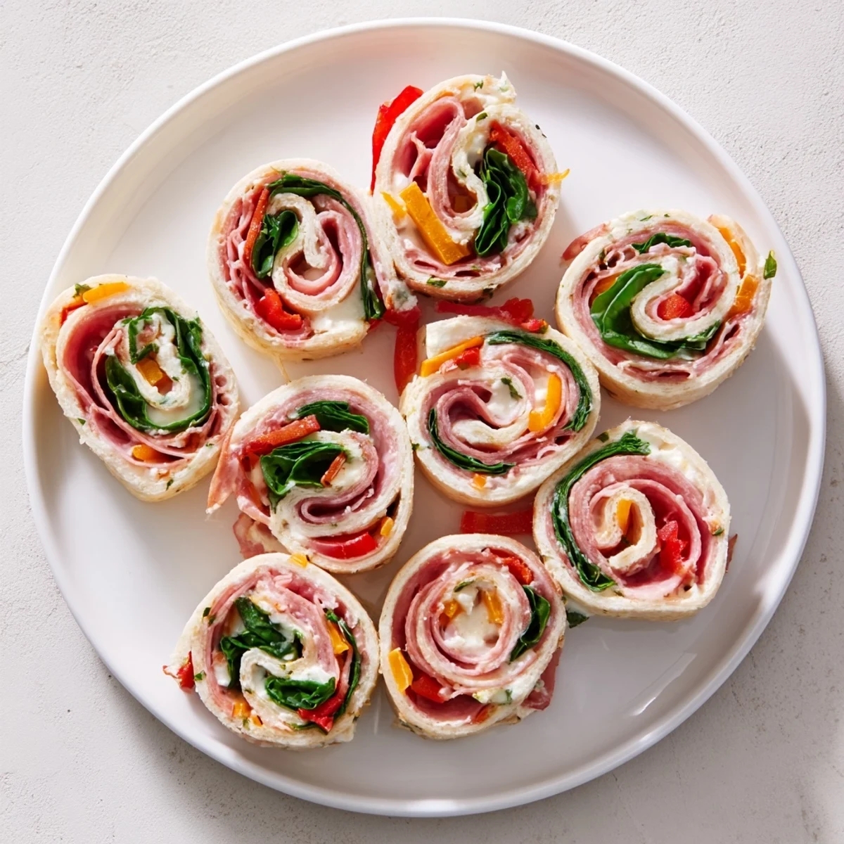 Sliced Italian pinwheels arranged on a serving platter, showcasing vibrant roasted red peppers, spinach, and deli meats