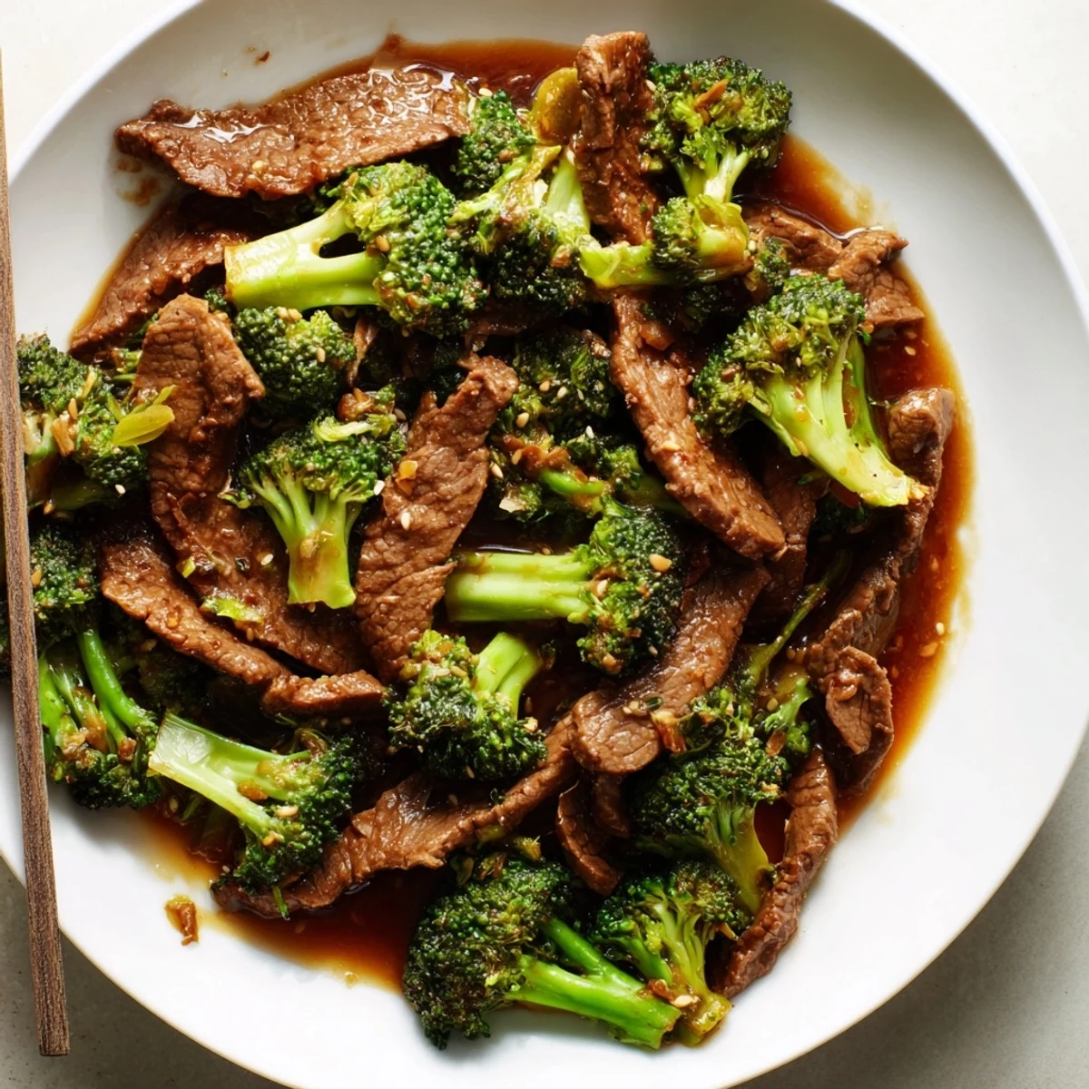 Dark savory beef and broccoli stir fry sauce bubbles in a wok, thickening around crisp vegetables and juicy beef