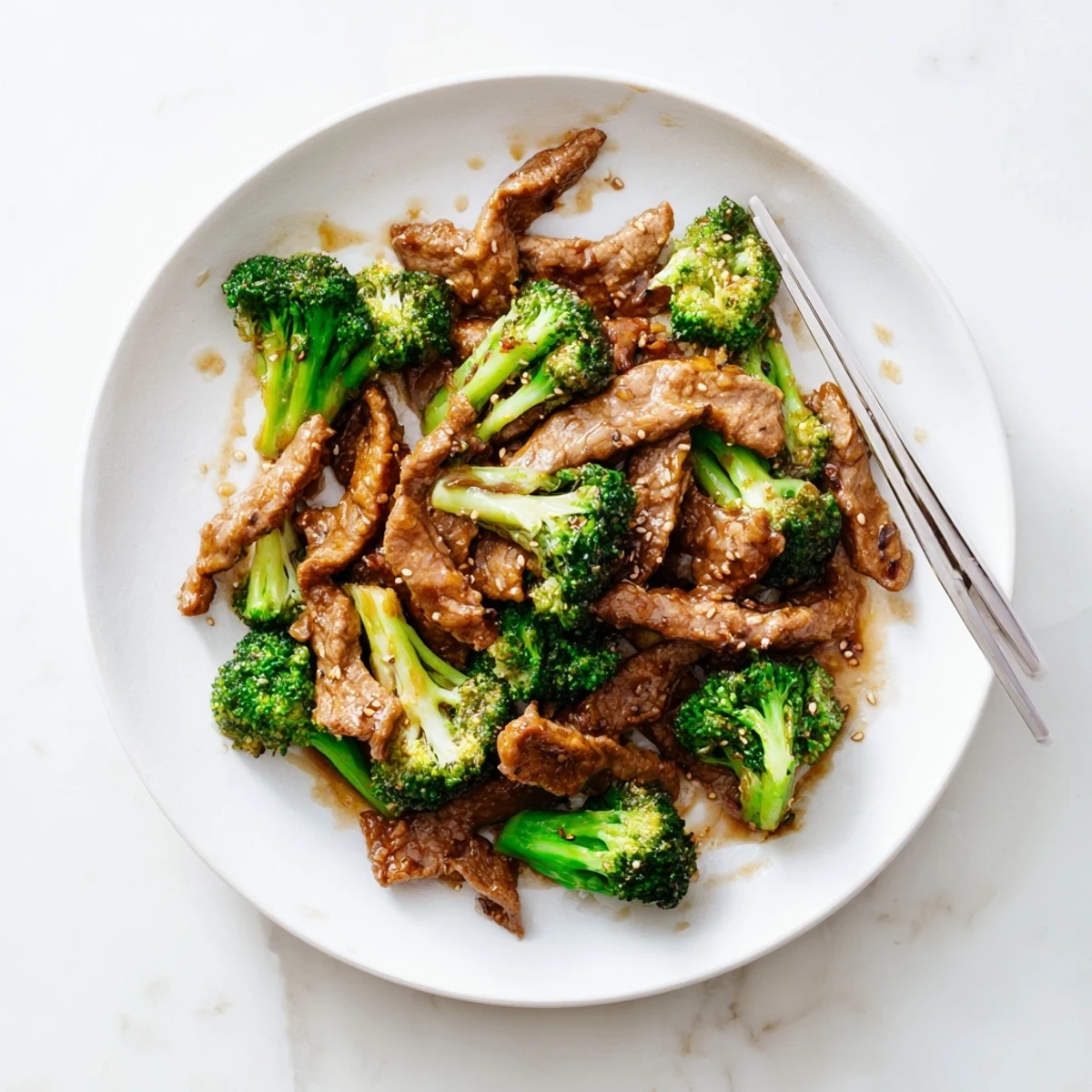 Glossy beef and broccoli stir fry sauce coats tender beef strips and fresh green florets in a rich savory glaze