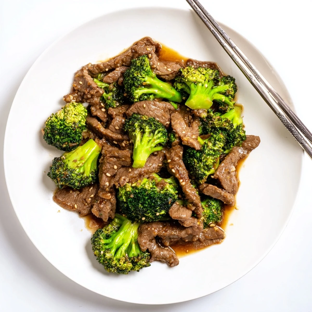 Homemade beef and broccoli stir fry sauce drizzled over sizzling beef and vibrant broccoli, creating an umami-rich Asian dish