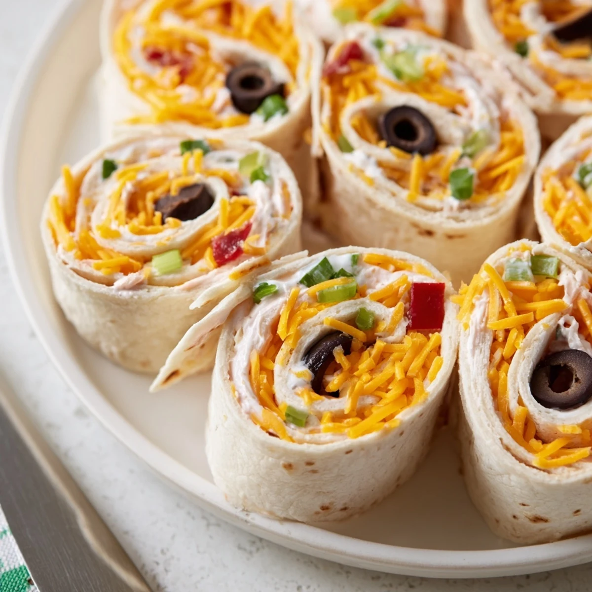 Bite-sized tortilla pinwheels arranged on a serving platter with vibrant vegetable specks visible through the creamy cheese filling