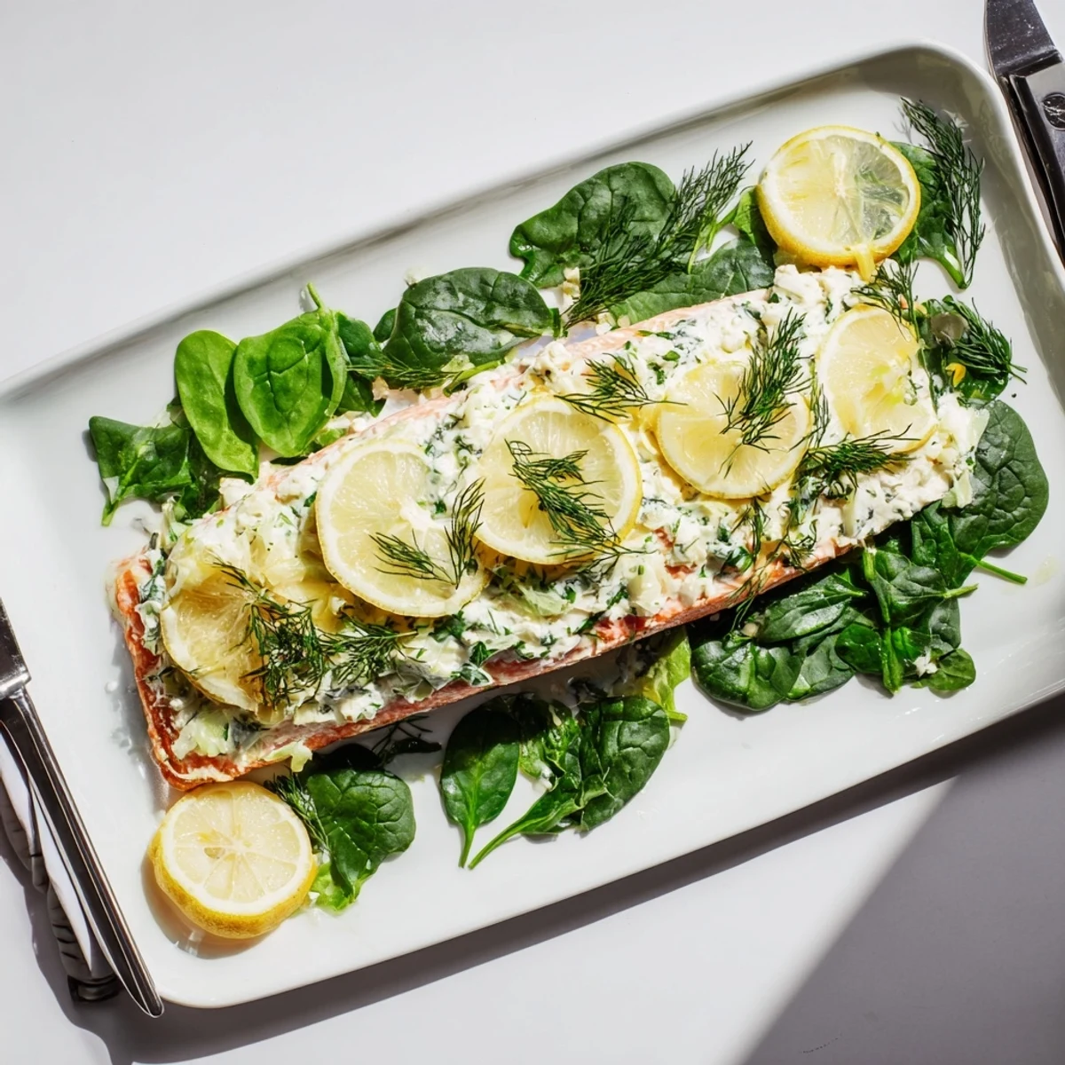 Golden baked Boursin salmon topped with melted herbed cheese and fresh lemon slices