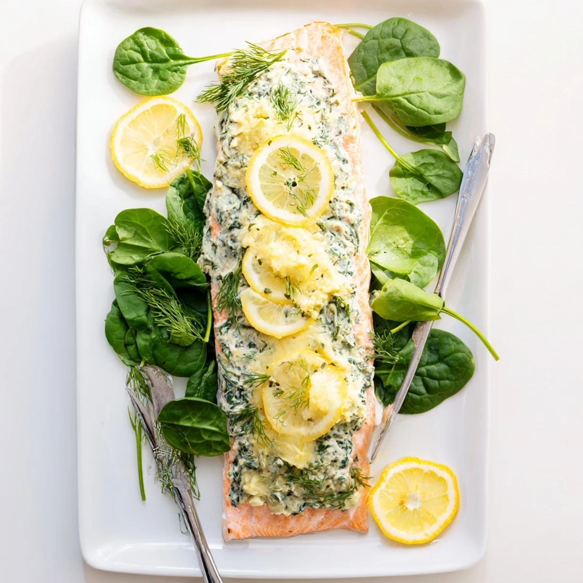 Creamy Boursin cheese glazed salmon fillets baked until flaky with baby spinach
