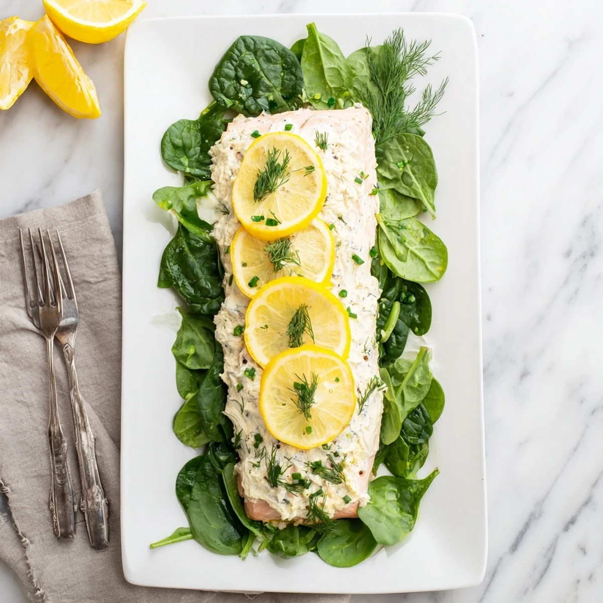 Flaky salmon baked with garlic herb Boursin cheese topping and lemon rounds