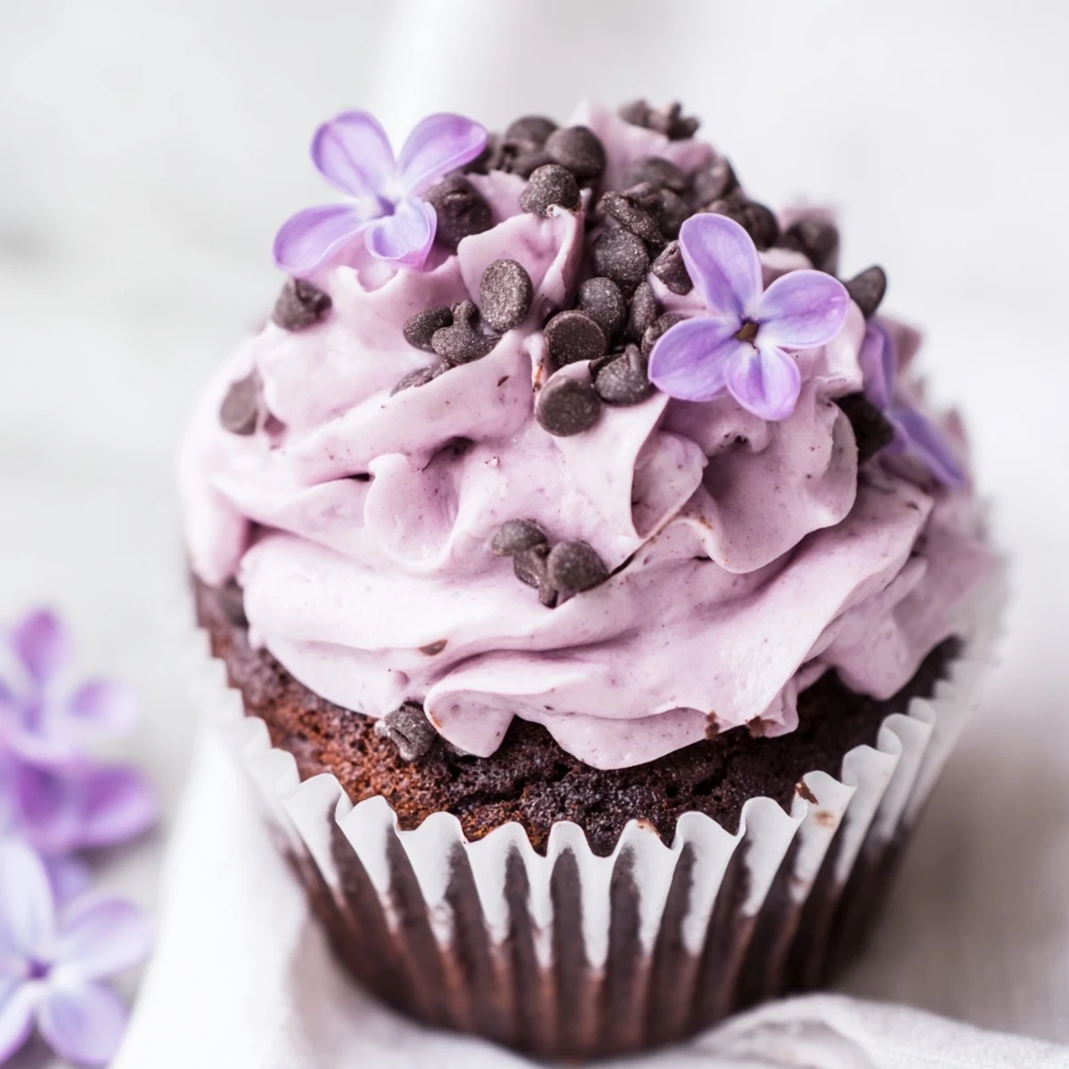Six moist lilac chocolate cupcakes decorated with pale lilac buttercream frosting on a serving plate