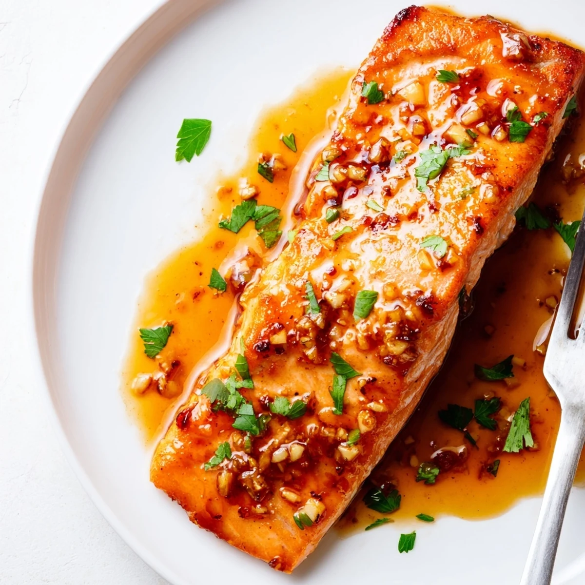 Golden pan-seared salmon fillets coated in sticky honey garlic glaze with fresh parsley garnish