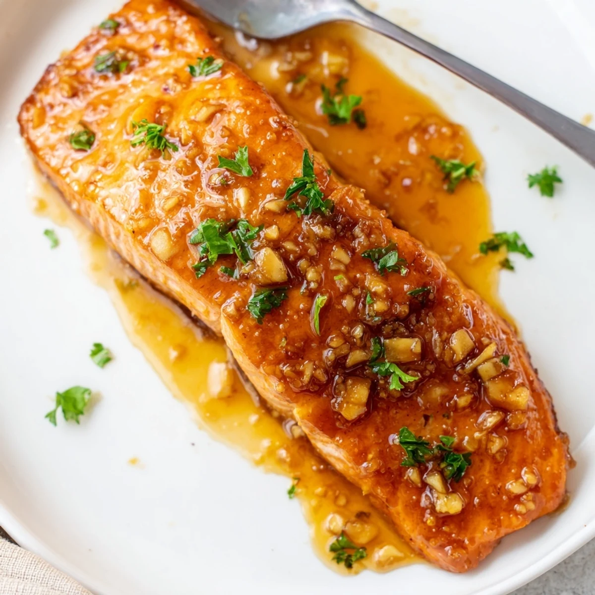 Crispy honey garlic glazed salmon served with lemon wedges on a white dinner plate