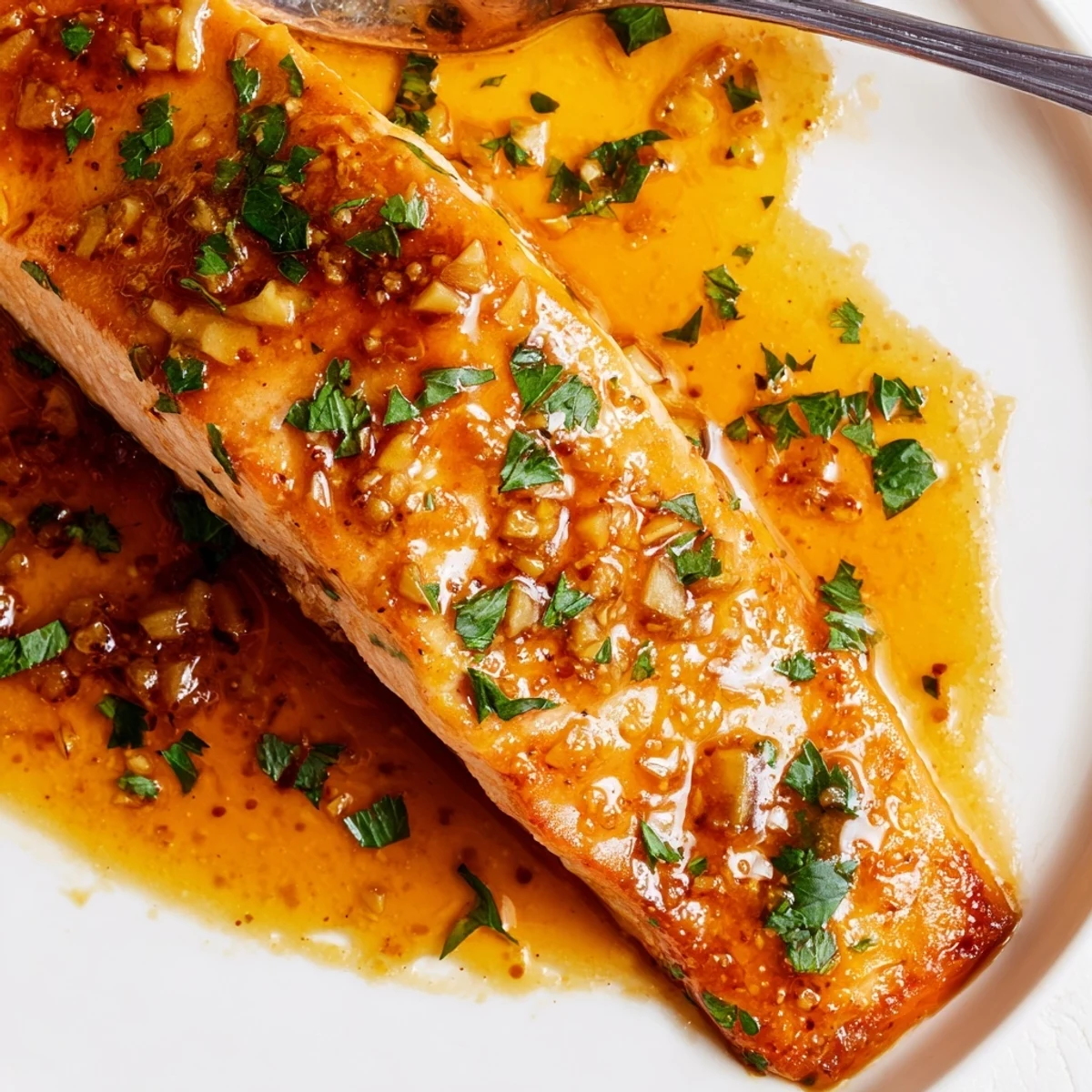 Weeknight dinner featuring crispy salmon with sweet savory honey garlic sauce drizzled generously over top