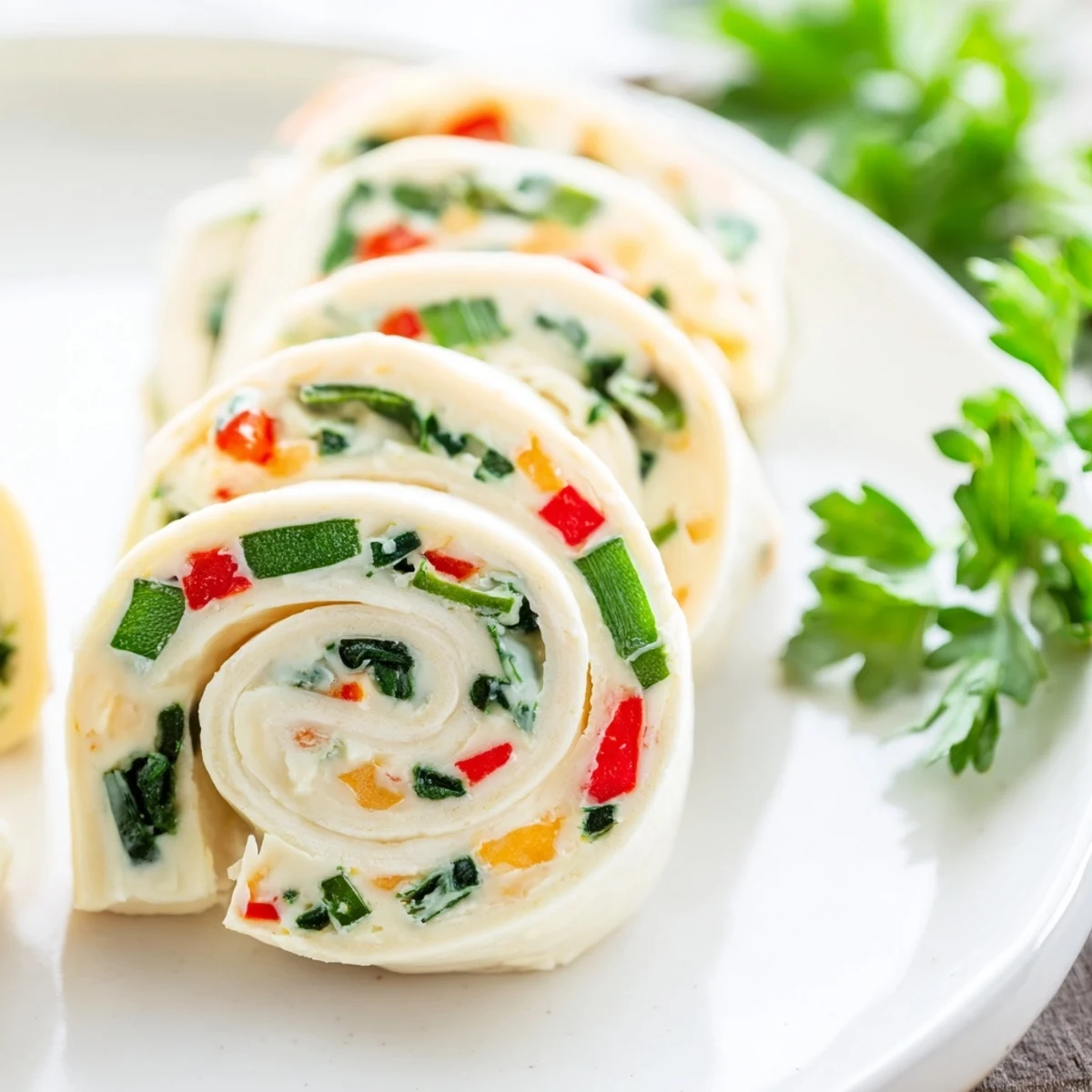 Golden cream cheese pinwheels with colorful peppers and cheddar on a serving platter