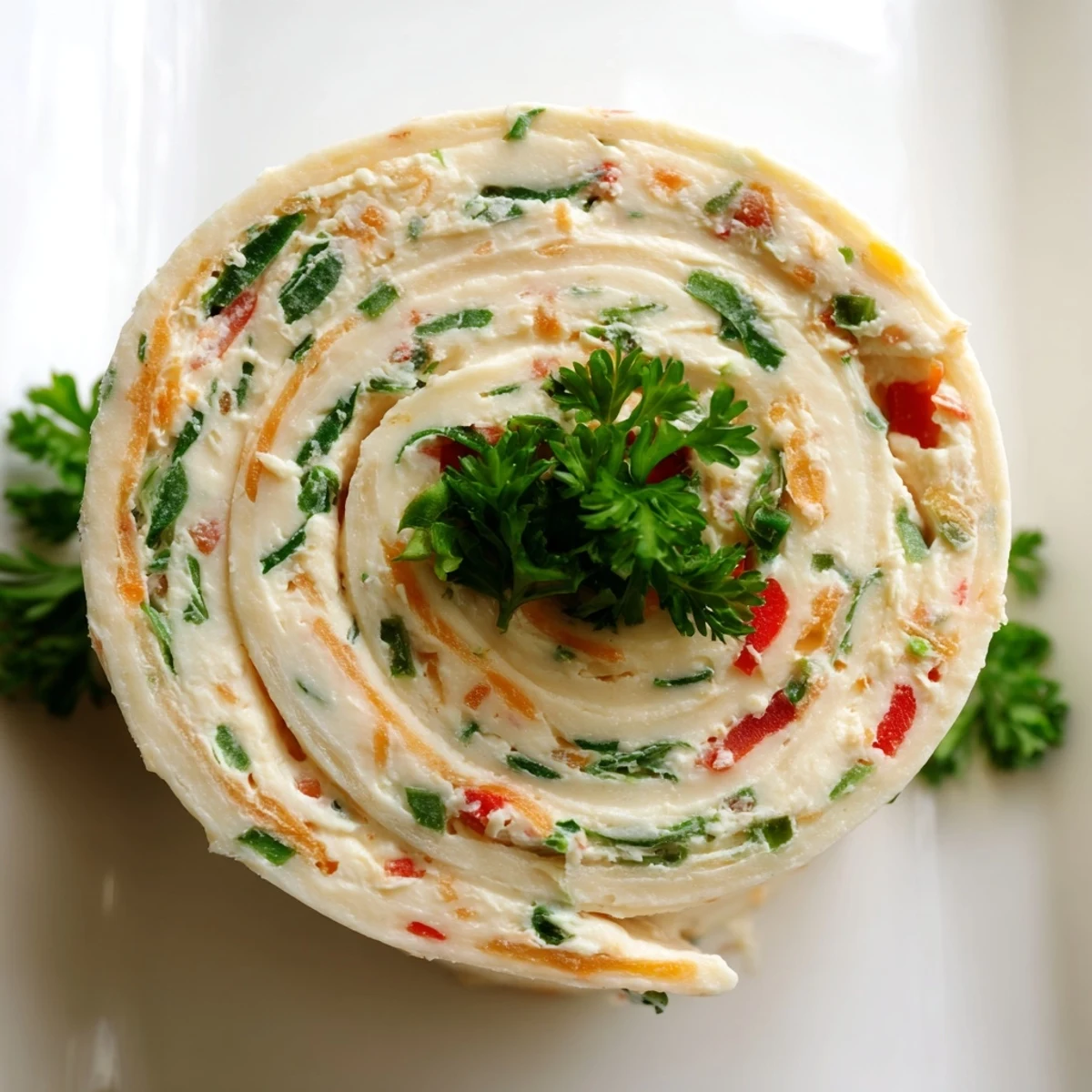 Sliced tortilla pinwheels spiraled with savory cream cheese filling and fresh green onions