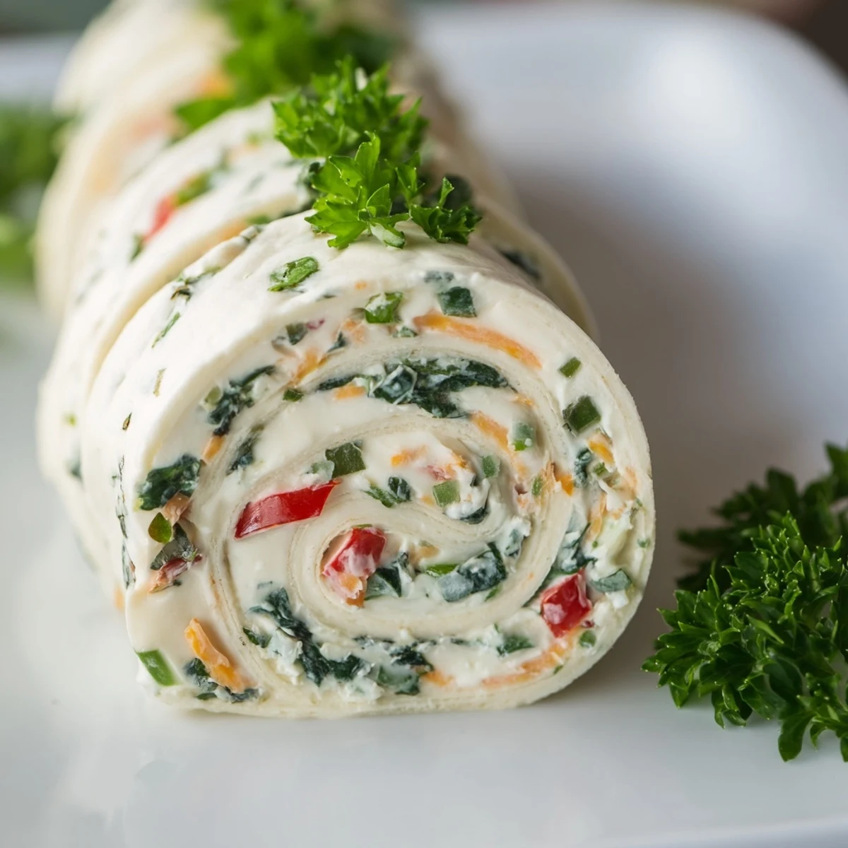 Close-up of chilled cream cheese pinwheels arranged neatly for party appetizer serving