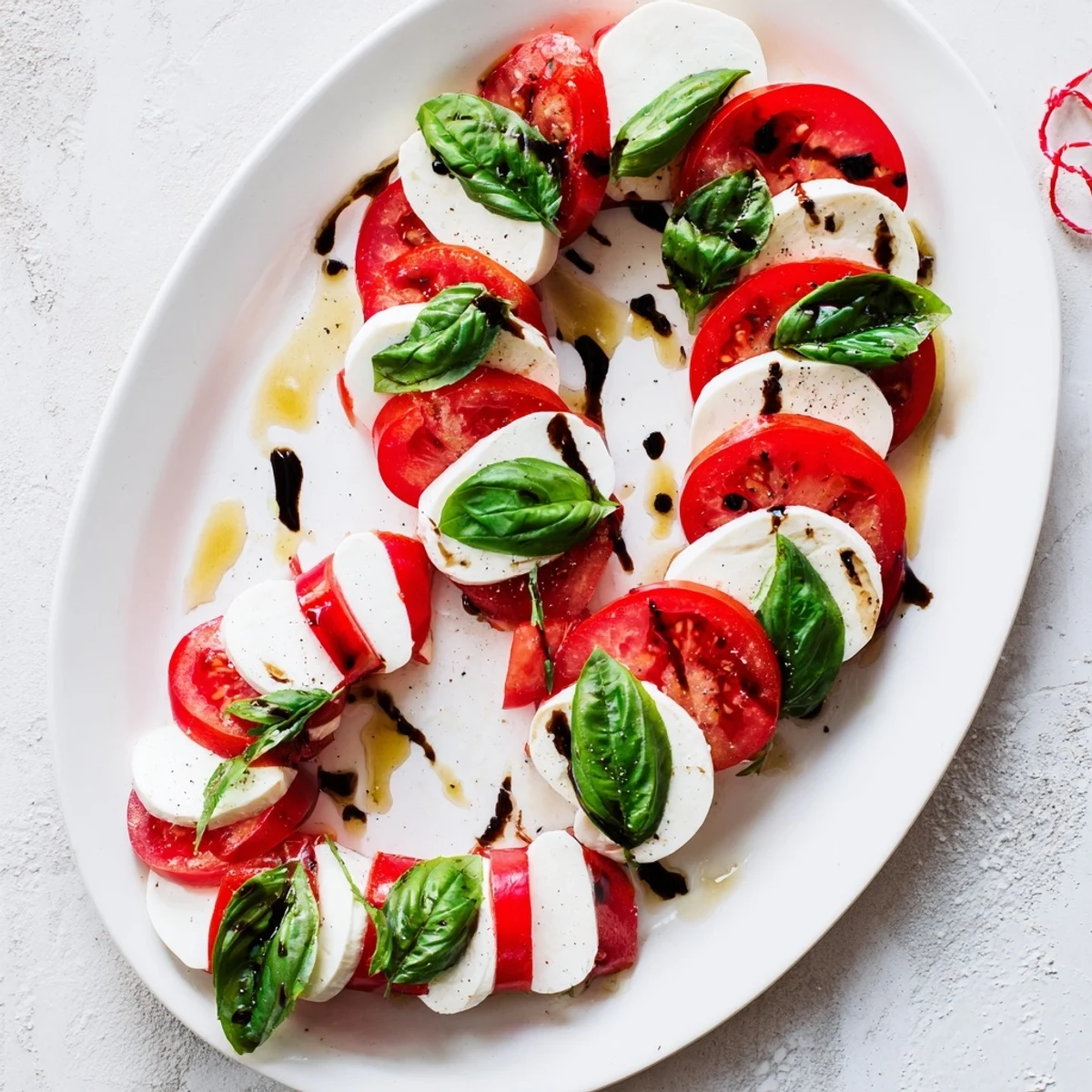 Festive Christmas candy cane Caprese salad arranged with red tomatoes, white mozzarella, and fresh green basil