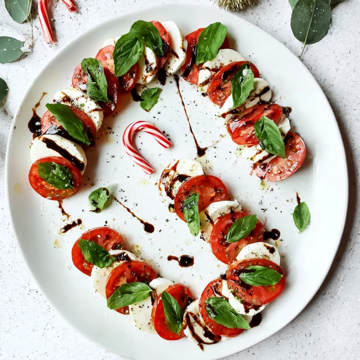 Holiday Caprese salad shaped like a candy cane drizzled with balsamic glaze and olive oil