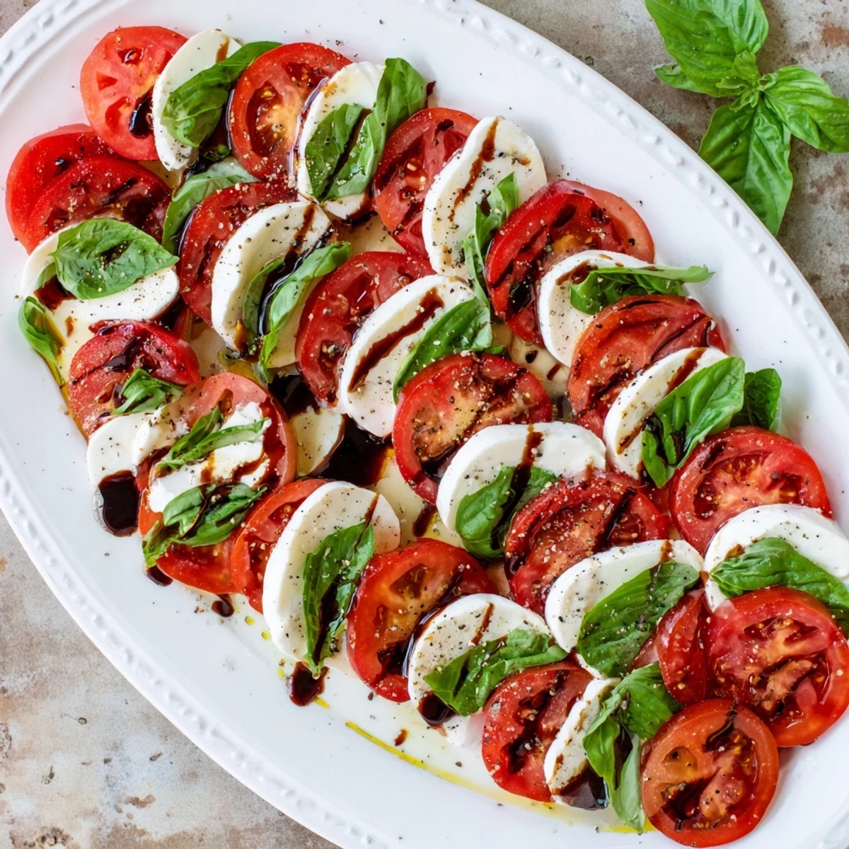 Cheesy Christmas candy cane Caprese salad featuring ripe mozzarella slices and vibrant basil on platter