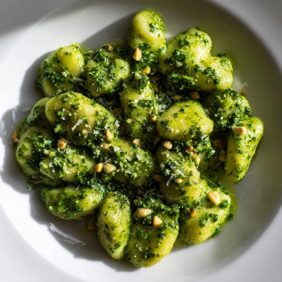 Tender potato gnocchi coated in vibrant green basil pesto sauce with grated Parmesan