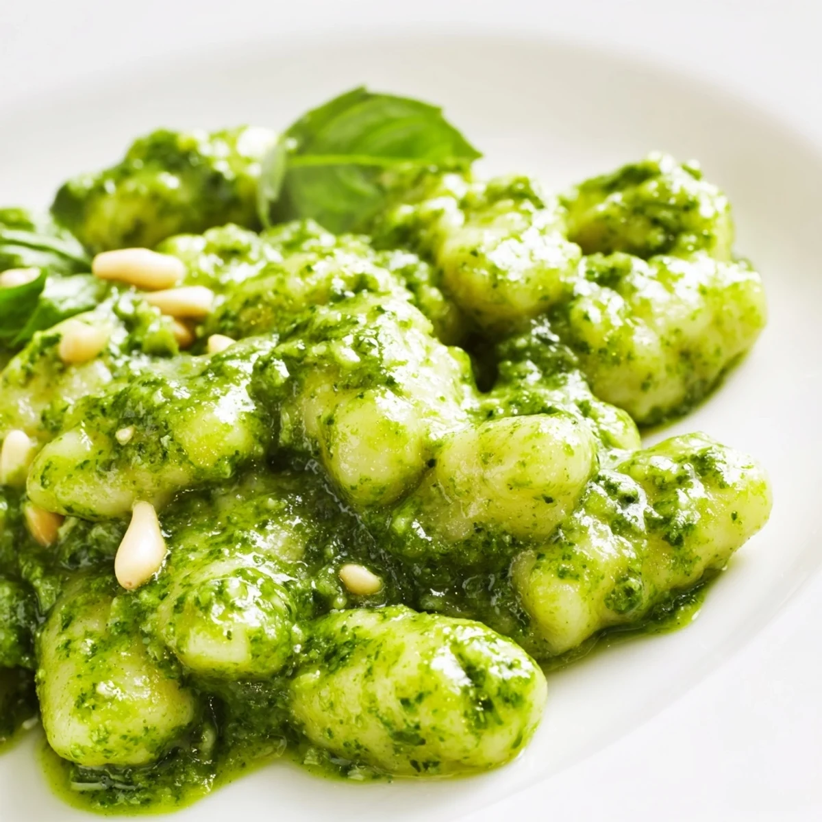 Creamy pesto-covered potato dumplings garnished with fresh basil and grated Parmesan cheese