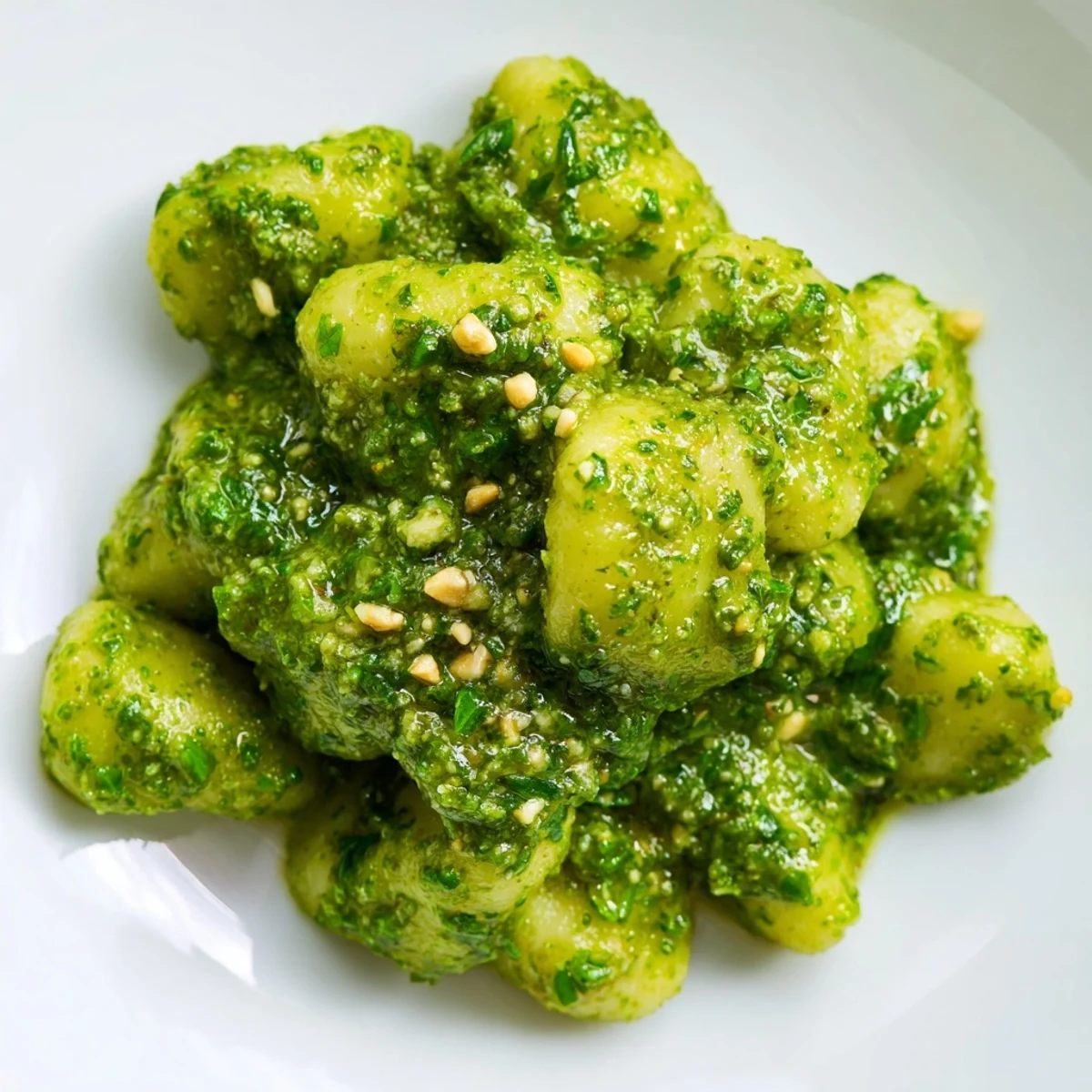 Golden gnocchi tossed in fresh basil pesto and topped with extra Parmesan cheese