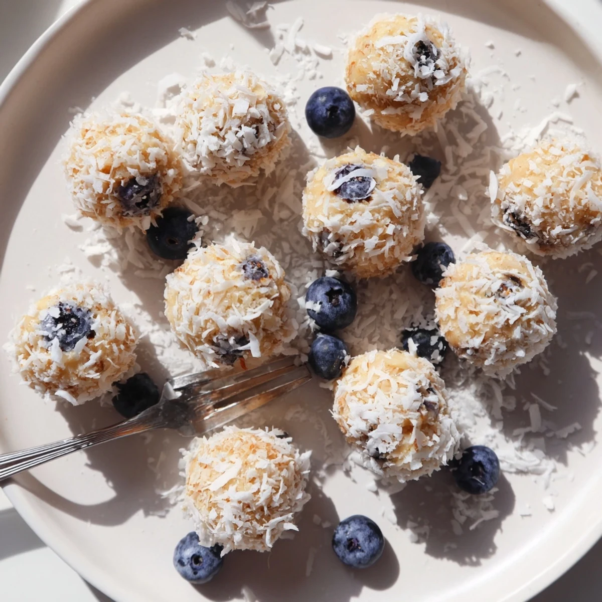 Creamy no-bake blueberry cheesecake protein bites rolled in shredded coconut on parchment paper